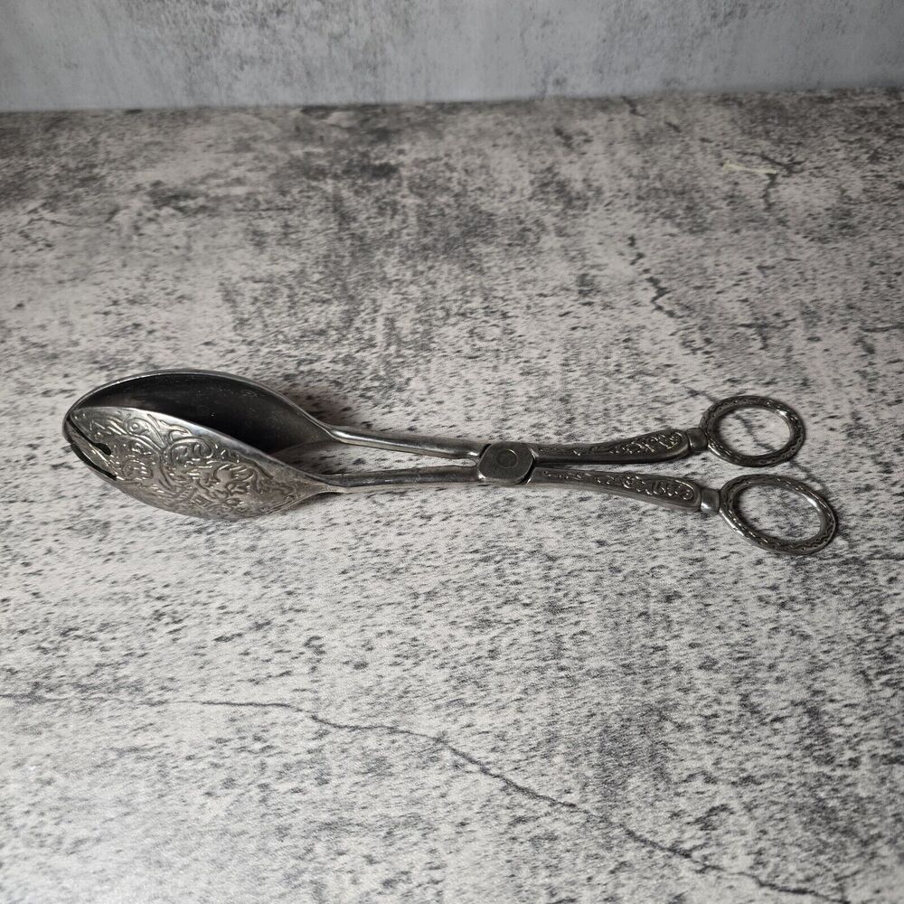 Vintage silver plated ornate salad tongs lovely condition MCM